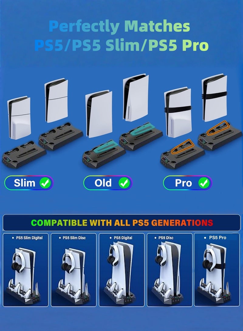 كول رابي حامل تبريد عمودي لجهاز PS5/PS5 Slim/PS5 Pro، قاعدة تبريد مع محطة شحن مزدوجة لوحدات التحكم لجهاز بلايستيشن 5، ملحقات PS5 تتضمن شاحن وحدات التحكم، مروحة تبريد، حامل سماعة رأس، موزع USB بثلاثة منافذ، لون أسود. - Image 2